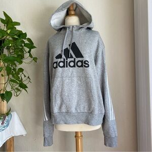 Adidas grey pullover hoodie sweatshirt - trefoil & arm stripes